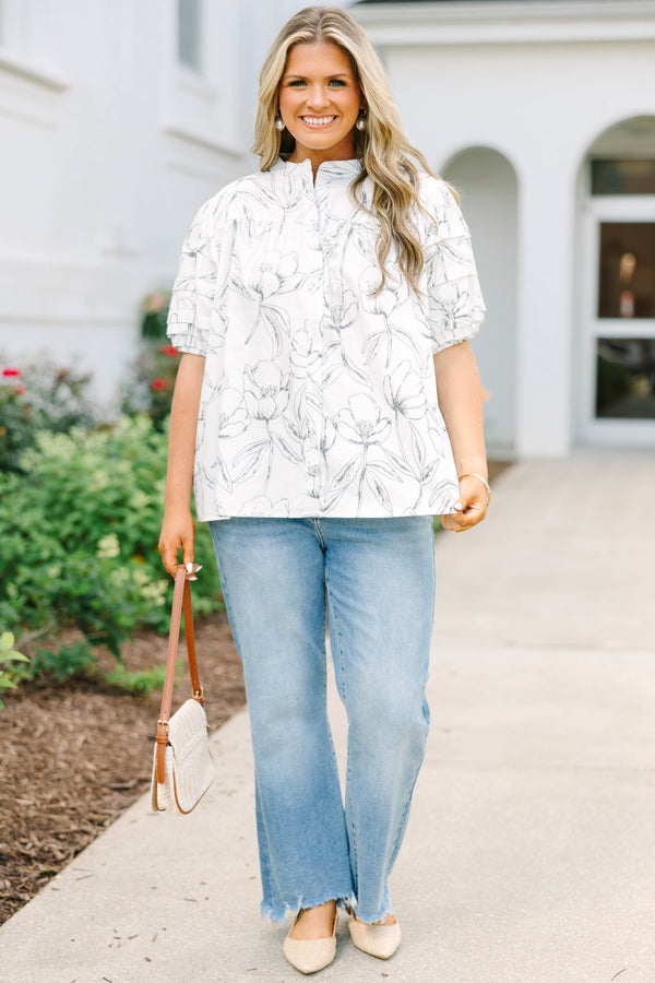 Plus Size cream cotton top with a black floral line-art print, puff sleeves, and a button-up front.