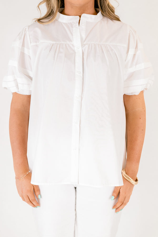 Chic Soul plus size clothing, white short puff sleeve button up top
