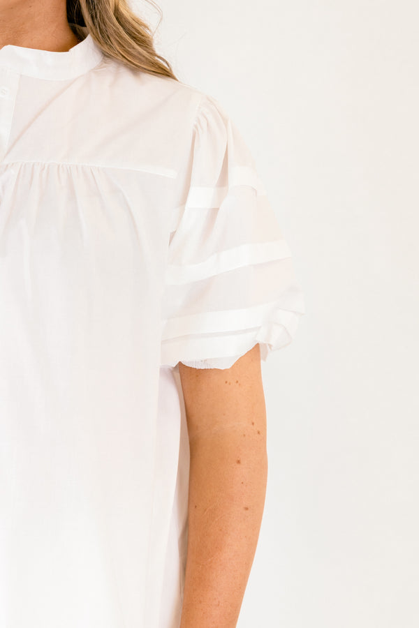 Chic Soul plus size clothing, white short puff sleeve button up top
