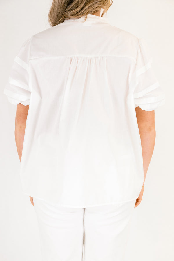 Chic Soul plus size clothing, white short puff sleeve button up top
