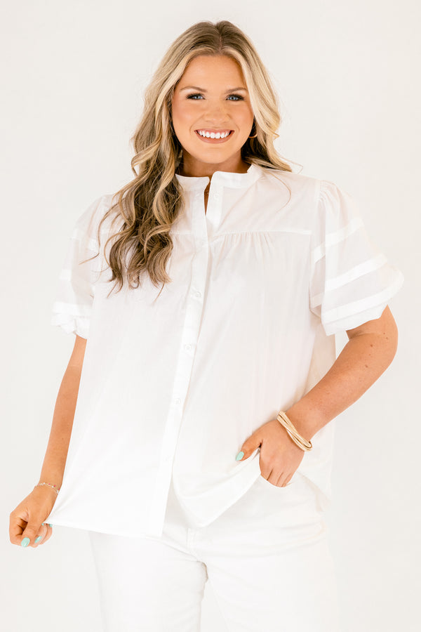 Chic Soul plus size clothing, white short puff sleeve button up top
