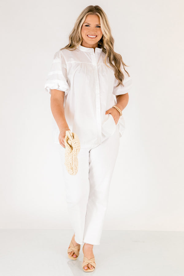 Chic Soul plus size clothing, white short puff sleeve button up top

