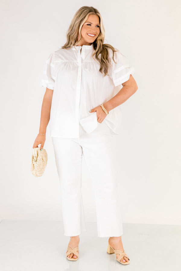 Chic Soul plus size clothing, white short puff sleeve button up top
