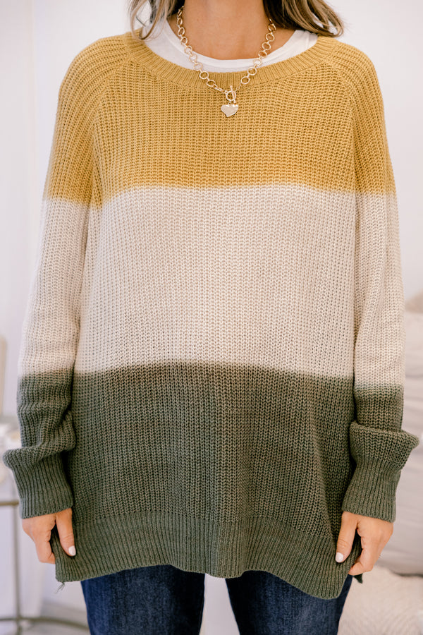 Chic Soul plus size clothing, camel white and grey striped sweater with long sleeves and a woven texture 