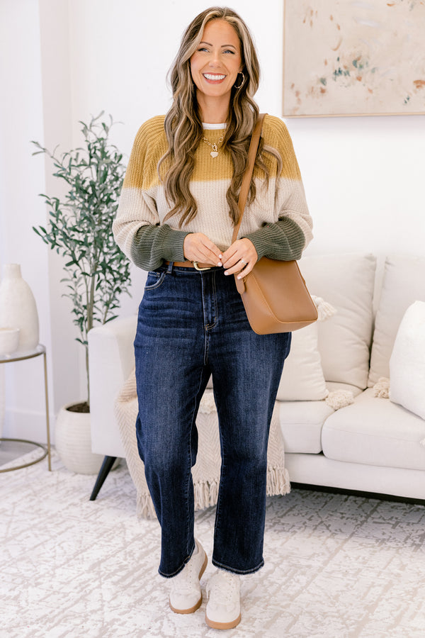 Chic Soul plus size clothing, camel white and grey striped sweater with long sleeves and a woven texture 