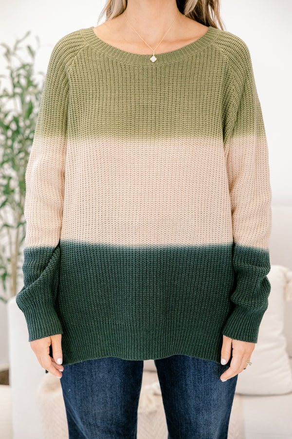 Chic Soul plus size clothing, olive and white striped long sleeve sweater with a woven texture