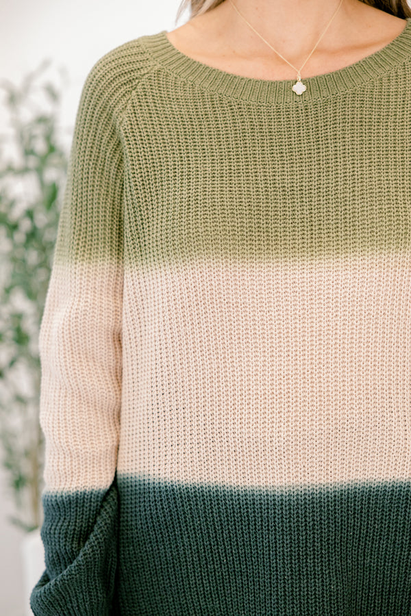 Chic Soul plus size clothing, olive and white striped long sleeve sweater with a woven texture