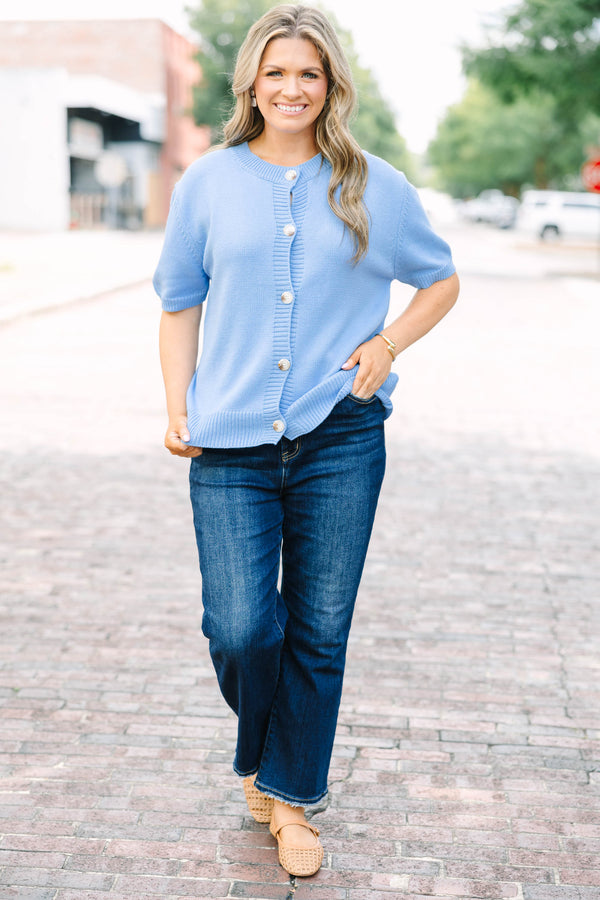 Plus Size short sleeve blue knit cardigan with functional buttons and a relaxed fit.