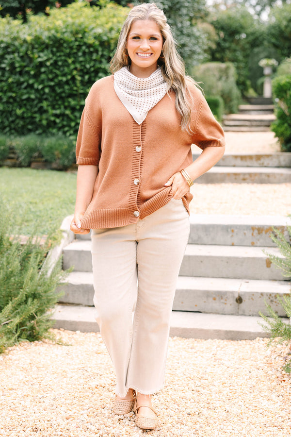 Plus Size short sleeve brown knit cardigan with functional buttons and a relaxed fit.