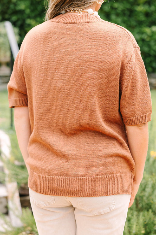 Plus Size short sleeve brown knit cardigan with functional buttons and a relaxed fit.
