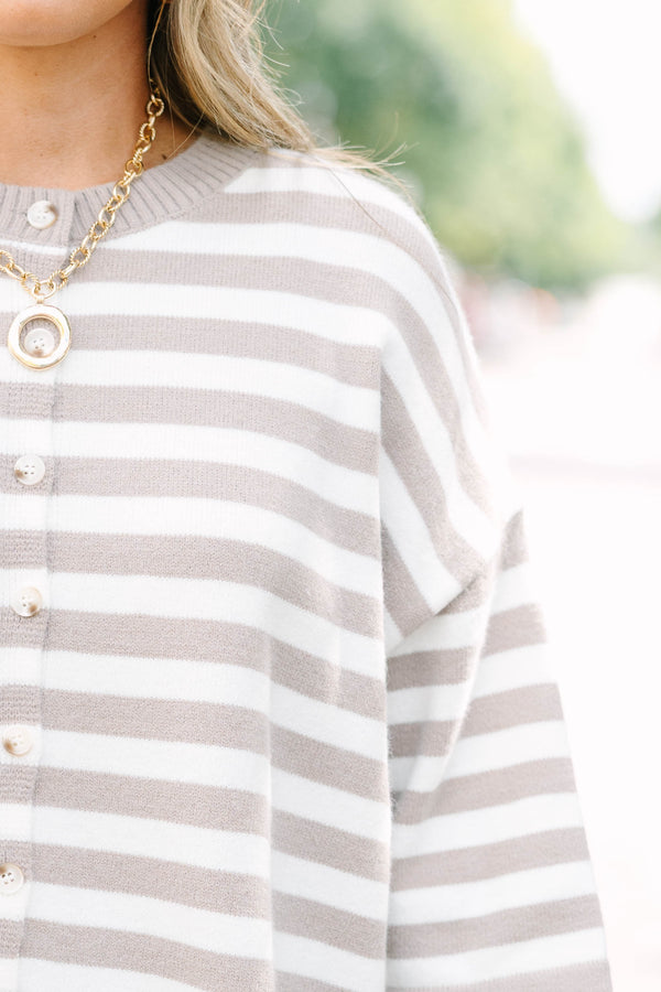 Plus Size taupe and cream horizontal striped button-down cardigan with three-quarter sleeves.