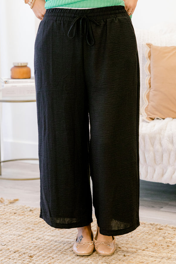 Chic Soul plus size clothing, black linen wide leg ankle length pants with drawstring waist detail