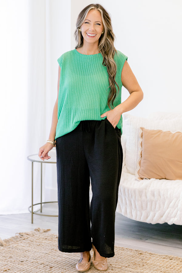 Chic Soul plus size clothing, black linen wide leg ankle length pants with drawstring waist detail