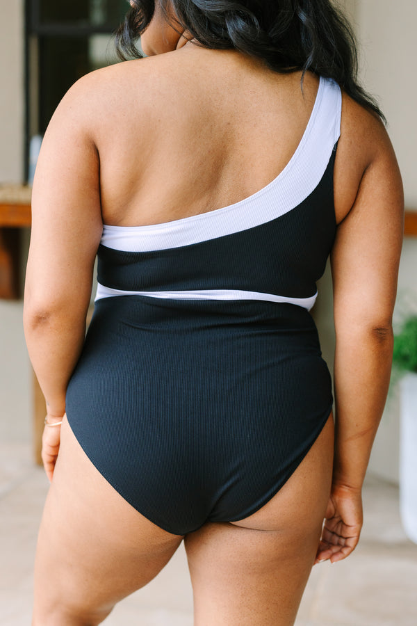 Chic Soul plus size clothing, black ribbed one shoulder one piece swimsuit with white details