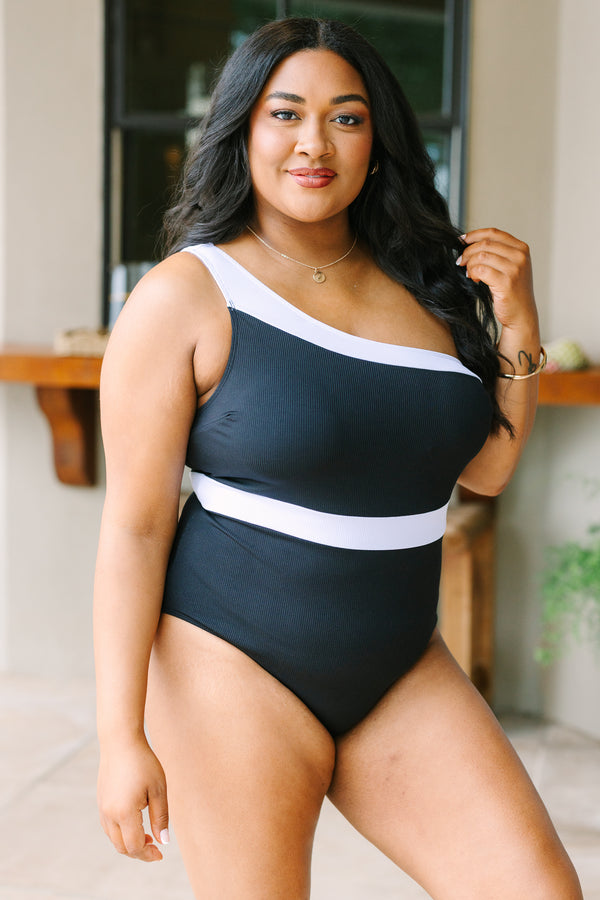 Chic Soul plus size clothing, black ribbed one shoulder one piece swimsuit with white details