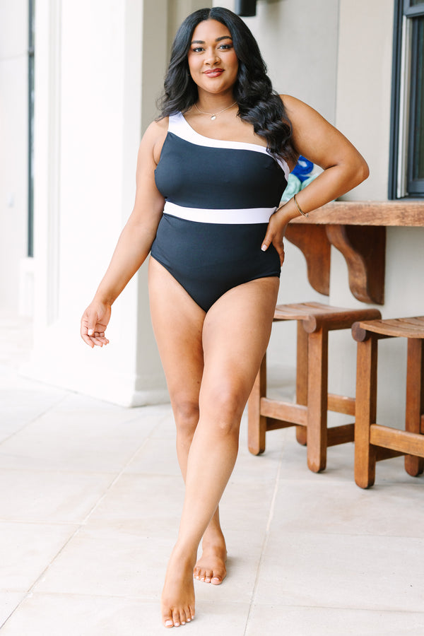 Chic Soul plus size clothing, black ribbed one shoulder one piece swimsuit with white details