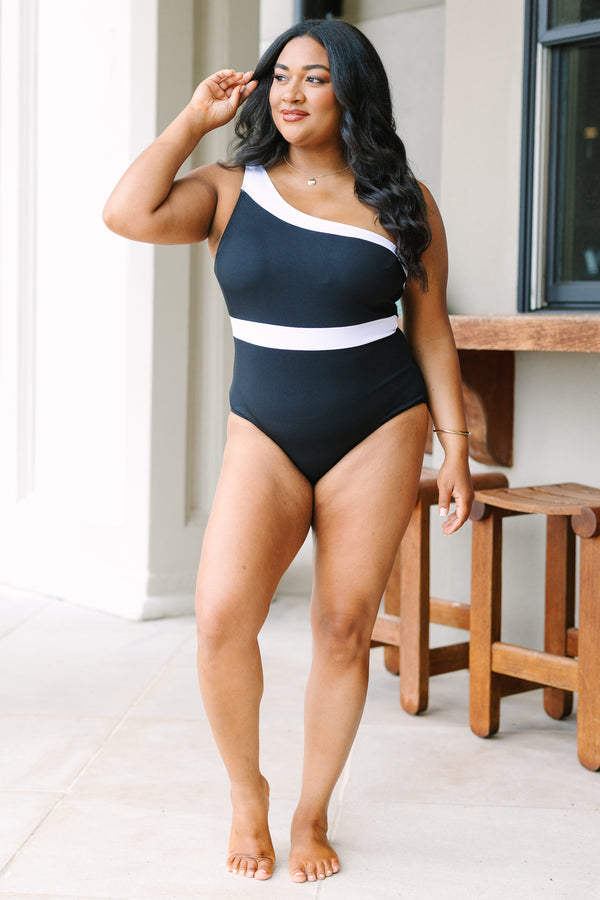 Chic Soul plus size clothing, black ribbed one shoulder one piece swimsuit with white details