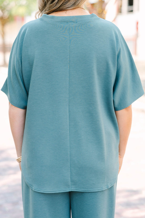 Plus Size ash jade two-piece set featuring a short sleeve crewneck top and wide-leg pants.