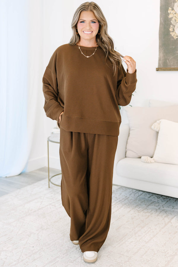 Plus size clothing, brown long sleeve set with long pants and ribbed texture