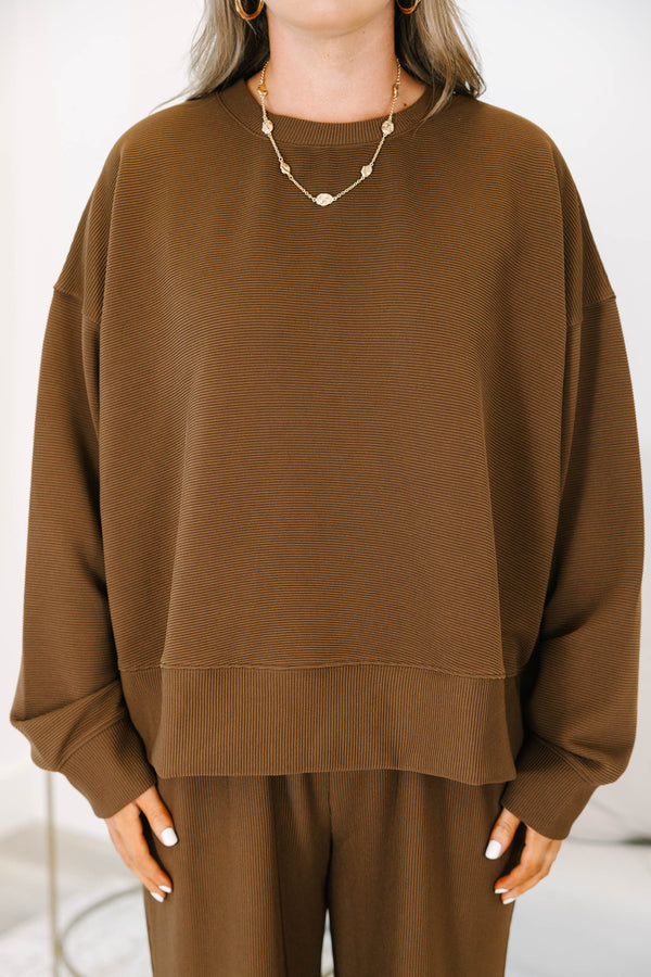Plus size clothing, brown long sleeve set with long pants and ribbed texture