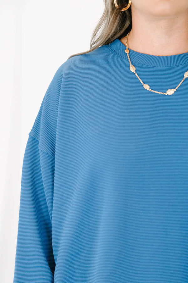 Plus Size slate blue ribbed loungewear set with a long sleeve crewneck top and wide-leg pants.