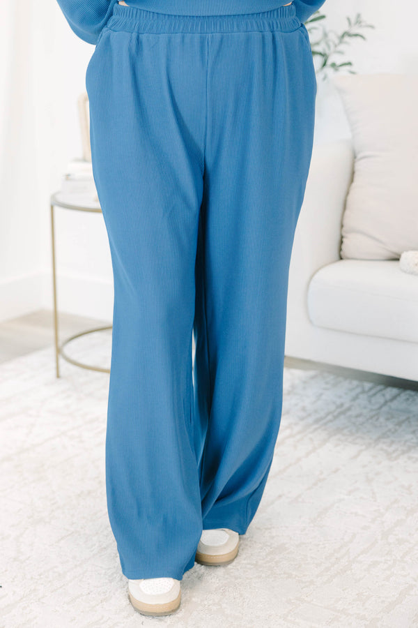 Plus Size slate blue ribbed loungewear set with a long sleeve crewneck top and wide-leg pants.