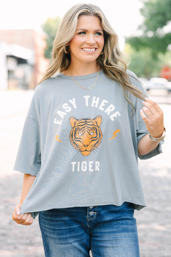 Plus Size steel gray vintage wash tee with Easy There Tiger graphic and raw unfinished hems.