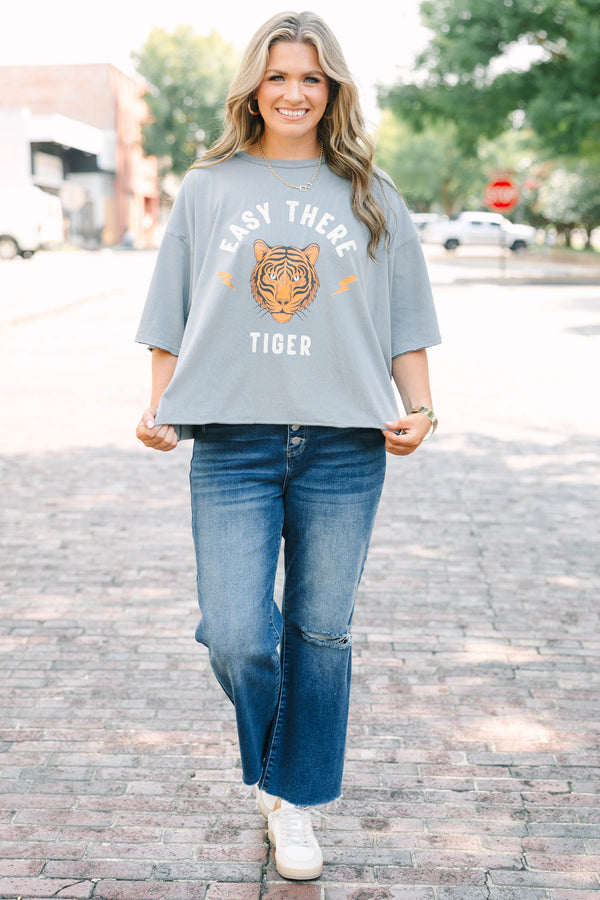 Plus Size steel gray vintage wash tee with Easy There Tiger graphic and raw unfinished hems.