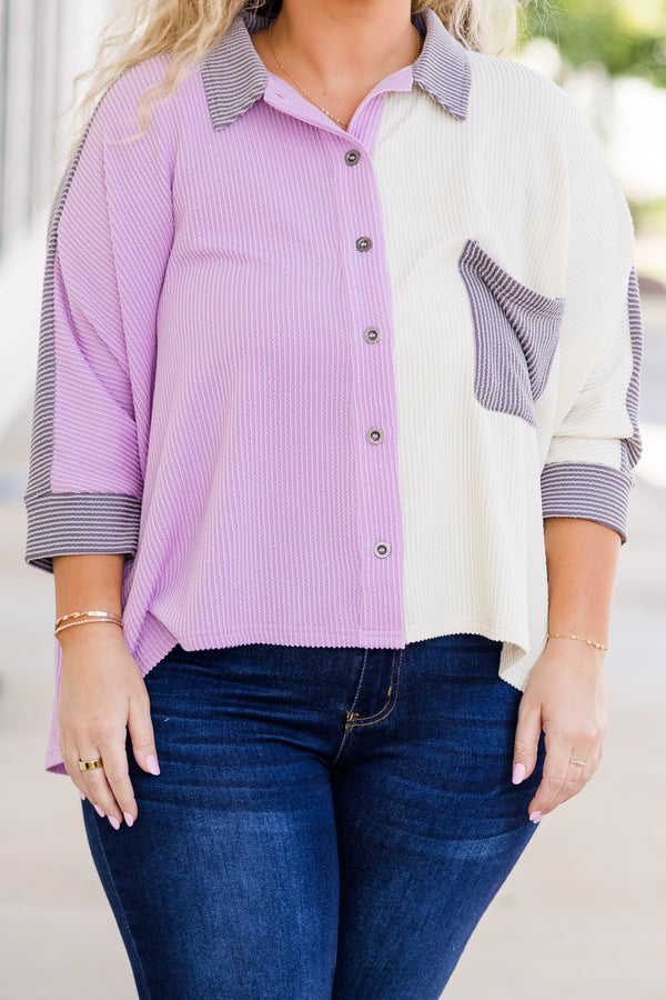 Chic Soul plus size clothing, lavender color block ribbed three quarter length sleeve top with button up and color detail with chest pocket and cuff sleeves