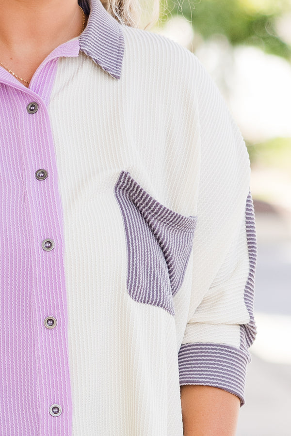 Chic Soul plus size clothing, lavender color block ribbed three quarter length sleeve top with button up and color detail with chest pocket and cuff sleeves