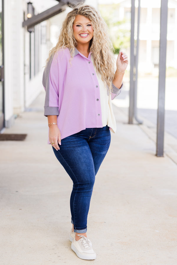 Chic Soul plus size clothing, lavender color block ribbed three quarter length sleeve top with button up and color detail with chest pocket and cuff sleeves