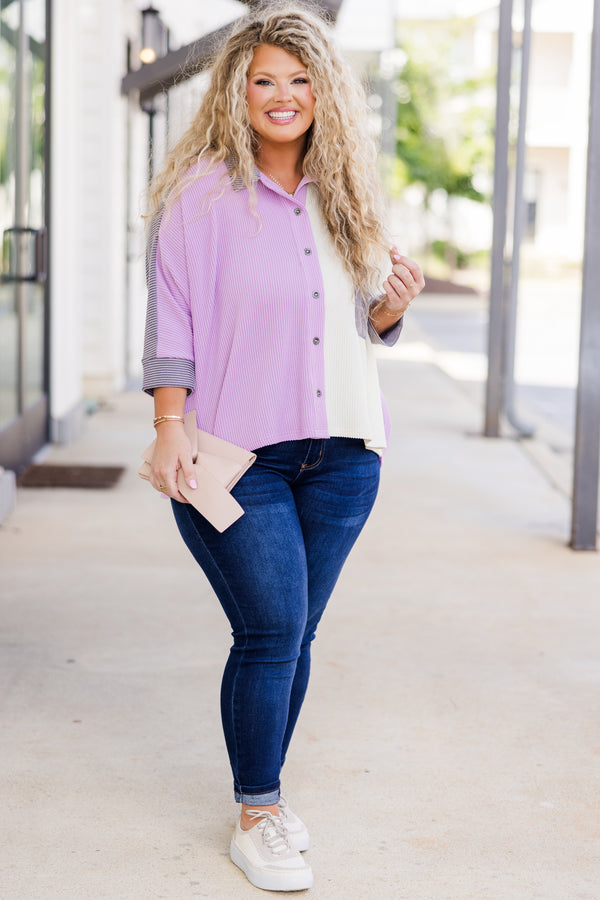 Chic Soul plus size clothing, lavender color block ribbed three quarter length sleeve top with button up and color detail with chest pocket and cuff sleeves