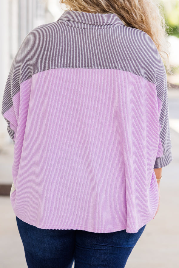 Chic Soul plus size clothing, lavender color block ribbed three quarter length sleeve top with button up and color detail with chest pocket and cuff sleeves