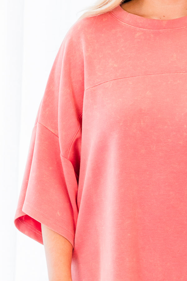 Chic Soul plus size clothing, short-sleeve flowy coral pink tee with subtle acid wash pattern 