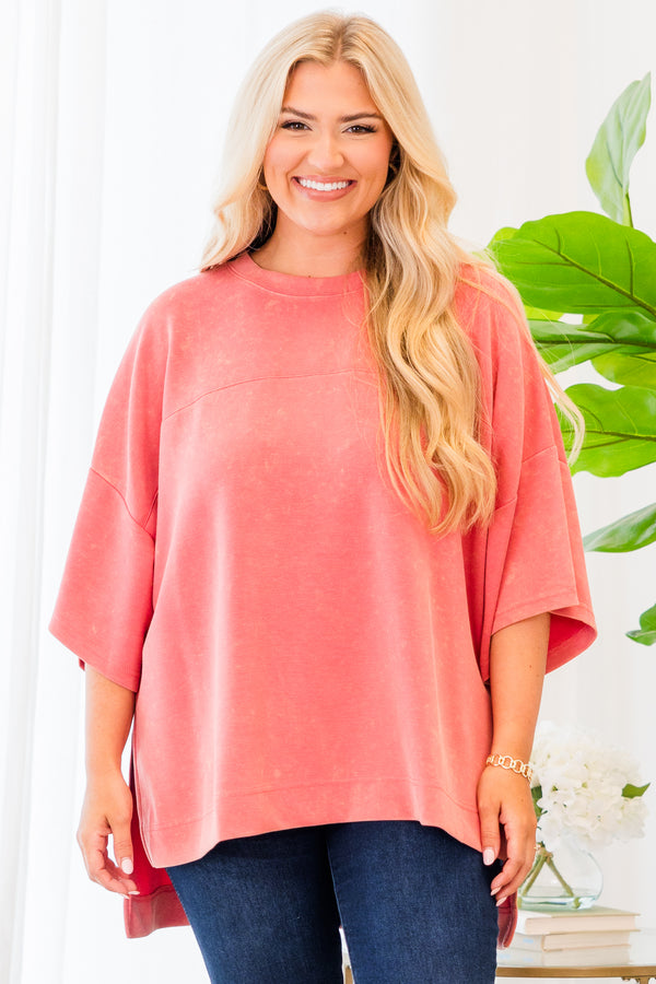 Chic Soul plus size clothing, short-sleeve flowy coral pink tee with subtle acid wash pattern 
