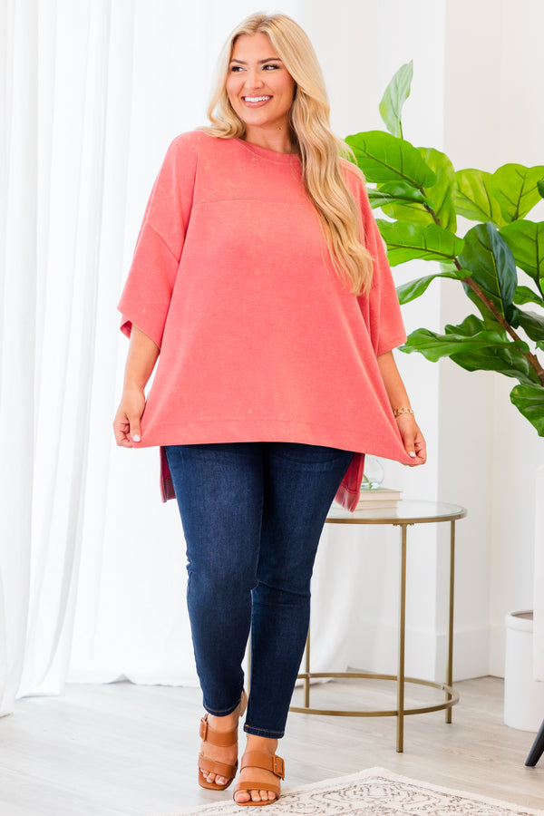 Chic Soul plus size clothing, short-sleeve flowy coral pink tee with subtle acid wash pattern 
