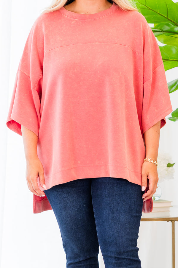 Chic Soul plus size clothing, short-sleeve flowy coral pink tee with subtle acid wash pattern 