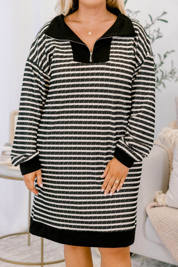 Chic Soul plus size clothing, black and cream striped short dress with long sleeves and quarter zip