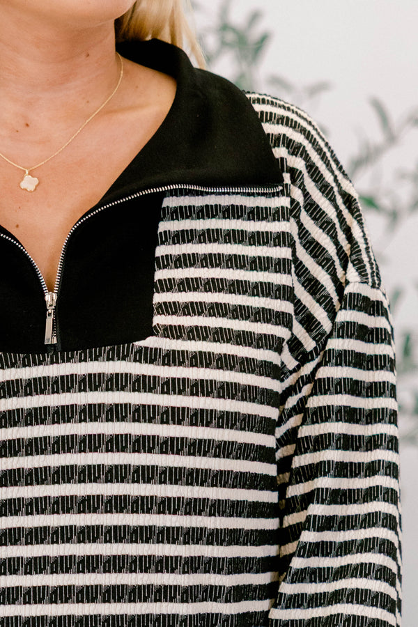 Chic Soul plus size clothing, black and cream striped short dress with long sleeves and quarter zip