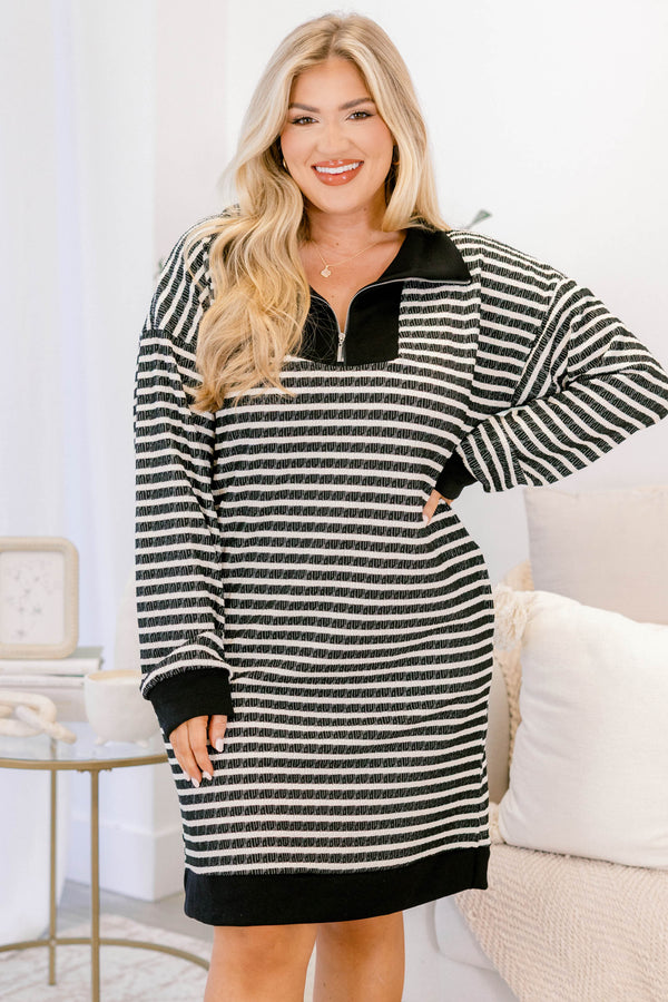 Chic Soul plus size clothing, black and cream striped short dress with long sleeves and quarter zip