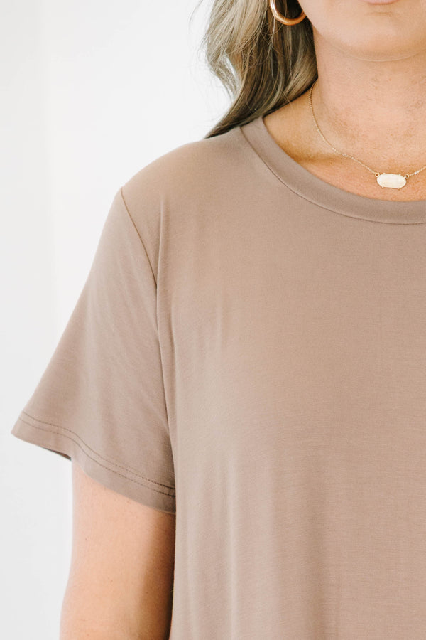 Plus size flowy brown Effortless Energy t-shirt dress with a relaxed fit and soft rayon fabric.