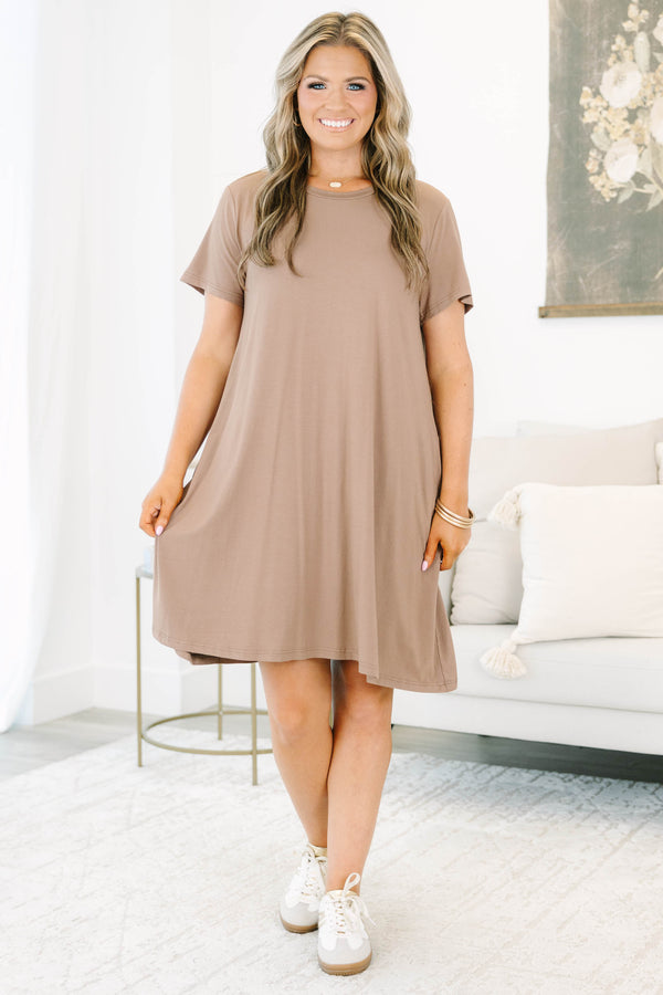 Plus size flowy brown Effortless Energy t-shirt dress with a relaxed fit and soft rayon fabric.