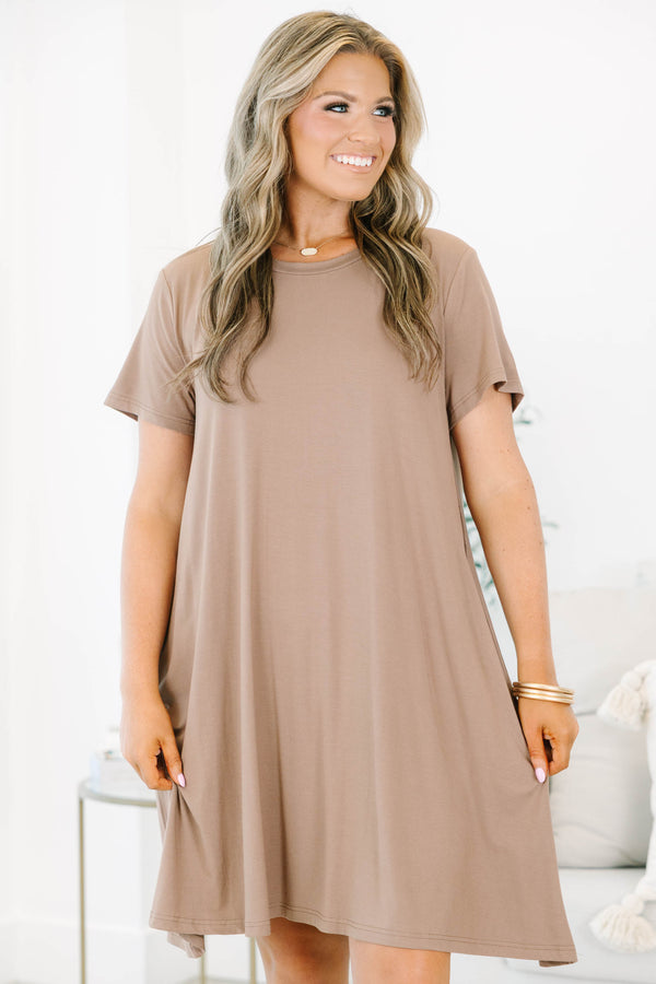 Plus size flowy brown Effortless Energy t-shirt dress with a relaxed fit and soft rayon fabric.