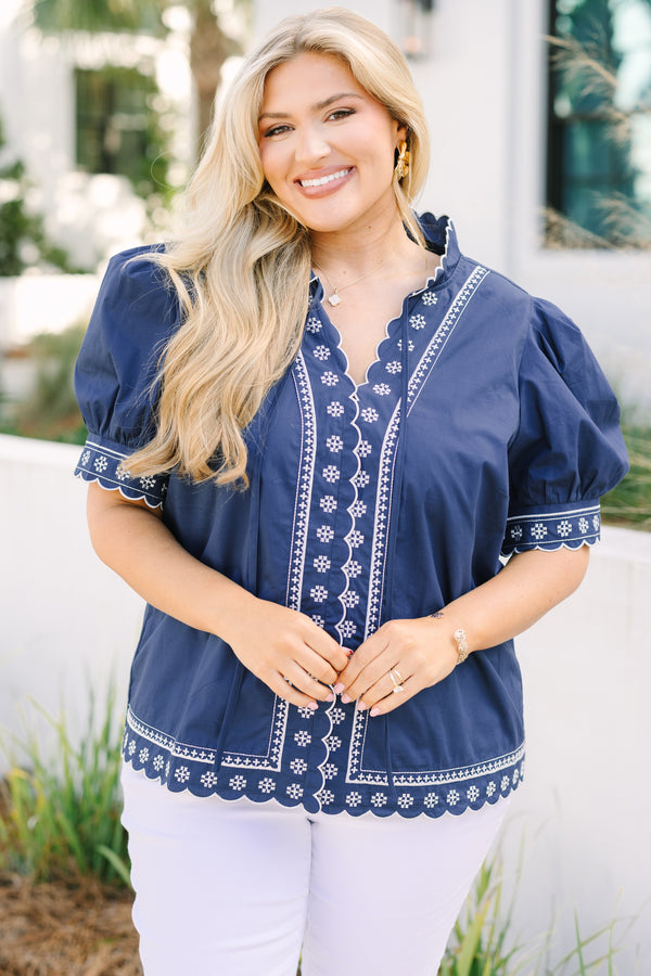Chic Soul plus size clothing, navy short puff sleeve v neck top with white scalloped embroidery detailing on the edges and midline 