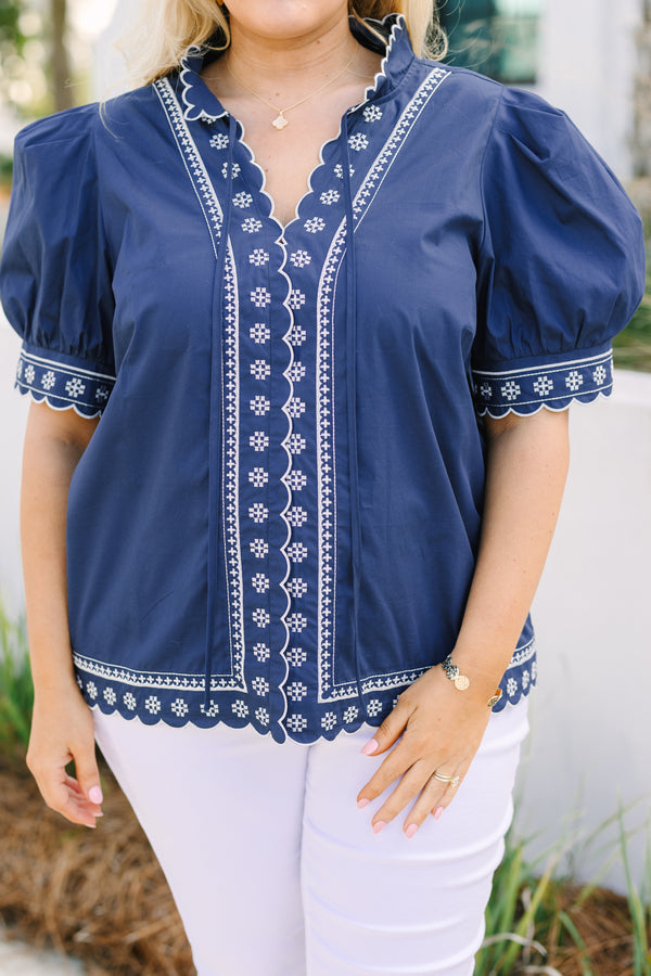 Chic Soul plus size clothing, navy short puff sleeve v neck top with white scalloped embroidery detailing on the edges and midline 