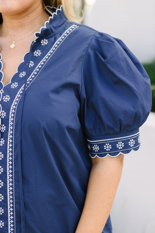 Chic Soul plus size clothing, navy short puff sleeve v neck top with white scalloped embroidery detailing on the edges and midline 