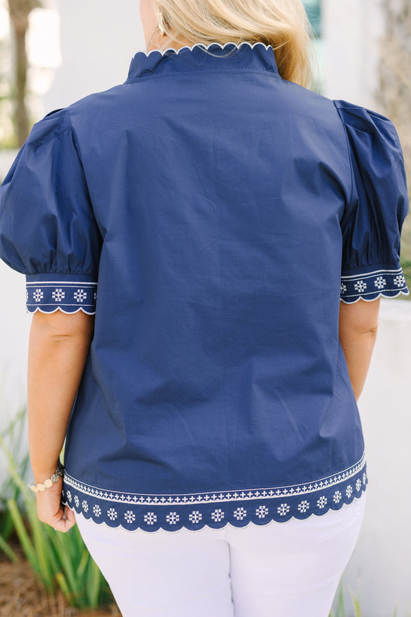 Chic Soul plus size clothing, navy short puff sleeve v neck top with white scalloped embroidery detailing on the edges and midline 