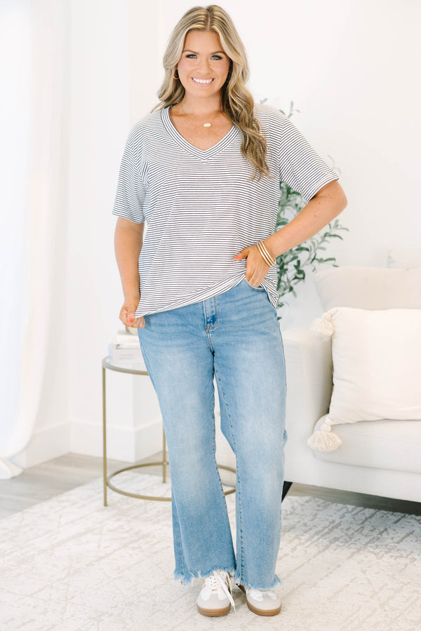 Plus Size relaxed v-neck short sleeve tee in a black and white horizontal stripe pattern.