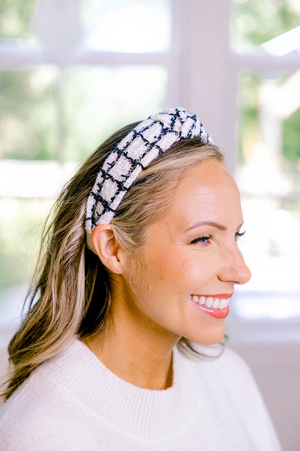 Chic Soul plus size clothing, white and navy tweed headband