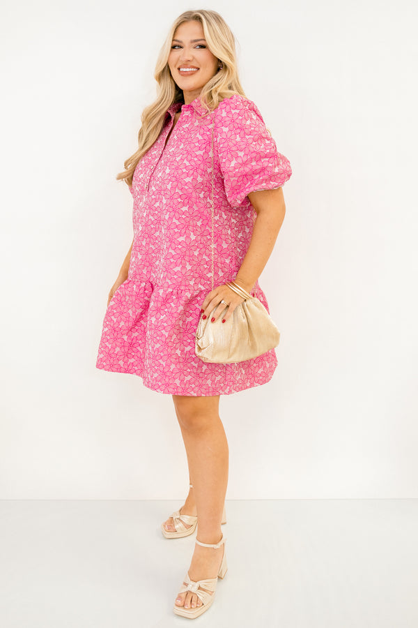 Chic Soul plus size clothing, pink short puff sleeve short dress with collar and three buttons on the top and pink floral print pattern